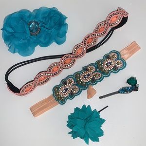 5 piece-lot Hair Accessories, gently used,made by hand, peachy pink & teal tones